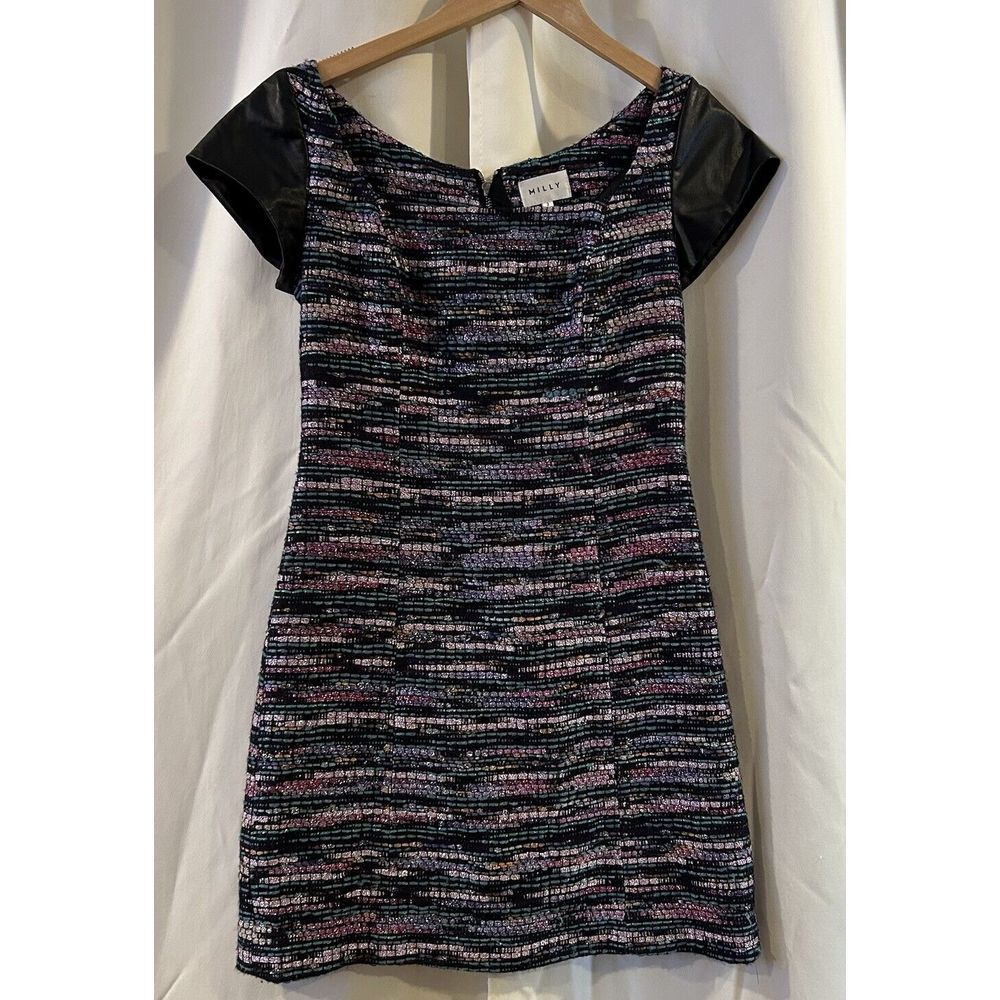 Milly Metallic Tweed A Line Mini Dress Lamb Leather Short Sleeve Size 2